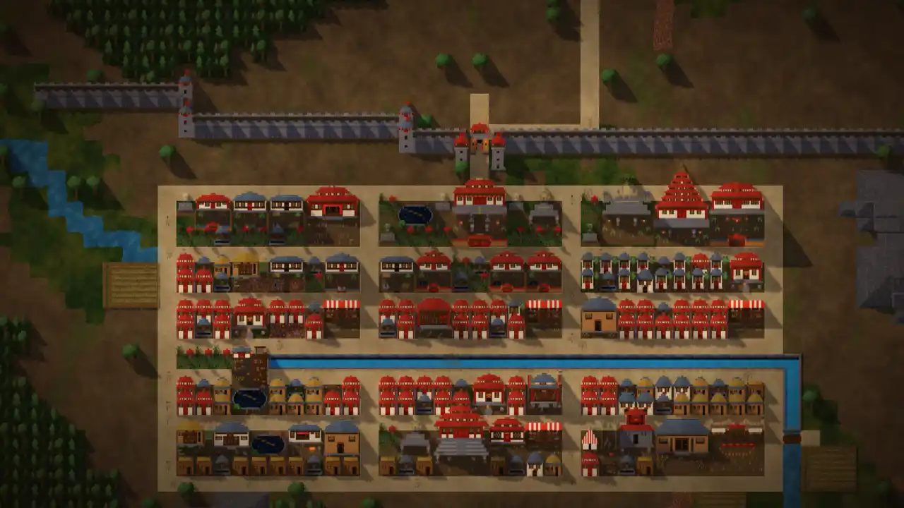 A late-epoch capital in the game: walls, gardens, tiled roofs and market streets, all drawn in characters