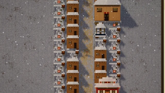 Winter in Glyph Dynasty: snow lying on the roofs and streets of a quarter