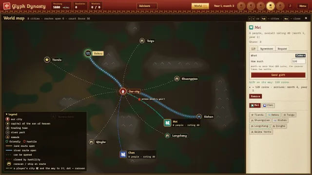 Cities of three players on the world map.